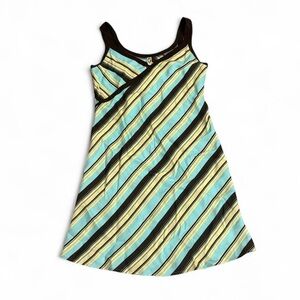 Vintage 90’s Made in USA Silk Tank Dress stripe print in brown, blue and yellow